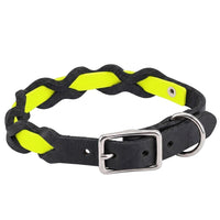 Halsband „Braidy Farbrausch“ in Neon-gelb, geflochten mit schwarzem Fettleder, Schnalle und D-Ring in Chrom