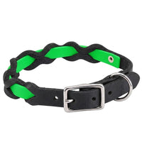 Halsband „Braidy Farbrausch“ in Neon-grün, geflochten mit schwarzem Fettleder, Schnalle und D-Ring in Chrom