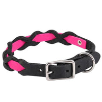 Halsband „Braidy Farbrausch“ in Neon-pink, geflochten mit schwarzem Fettleder, Schnalle und D-Ring in Chrom