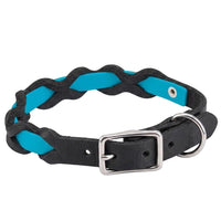 Halsband „Braidy Farbrausch“ in Petrol, geflochten mit schwarzem Fettleder, Schnalle und D-Ring in Chrom