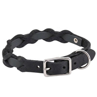 Halsband „Braidy Farbrausch“ in Schwarz, geflochten mit schwarzem Fettleder, Schnalle und D-Ring in Chrom