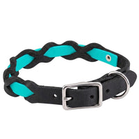 Halsband „Braidy Farbrausch“ in Türkis, geflochten mit schwarzem Fettleder, Schnalle und D-Ring in Chrom