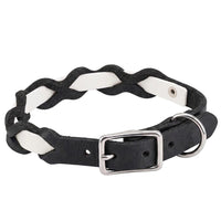 Halsband „Braidy Farbrausch“ in Weiß, geflochten mit schwarzem Fettleder, Schnalle und D-Ring in Chrom