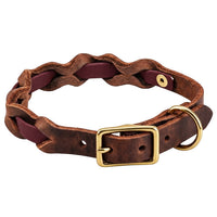 Halsband „Braidy Farbrausch“ in Bordeaux, geflochten mit dunkelbraunem Fettleder, Schnalle und D-Ring aus Messing