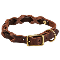 Halsband „Braidy Farbrausch“ in Dunkelbraun, geflochten mit dunkelbraunem Fettleder, Schnalle und D-Ring aus Messing