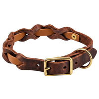 Halsband „Braidy Farbrausch“ in Hellbraun, geflochten mit dunkelbraunem Fettleder, Schnalle und D-Ring aus Messing