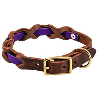 Halsband „Braidy Farbrausch“ in Lila, geflochten mit dunkelbraunem Fettleder, Schnalle und D-Ring aus Messing
