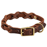 Halsband „Braidy Farbrausch“ in Mittelbraun, geflochten mit dunkelbraunem Fettleder, Schnalle und D-Ring aus Messing
