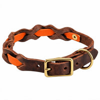 Halsband „Braidy Farbrausch“ in Neon-orange, geflochten mit dunkelbraunem Fettleder, Schnalle und D-Ring aus Messing