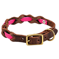 Halsband „Braidy Farbrausch“ in Neon-pink, geflochten mit dunkelbraunem Fettleder, Schnalle und D-Ring aus Messing