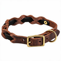 Halsband „Braidy Farbrausch“ in Schwarz, geflochten mit dunkelbraunem Fettleder, Schnalle und D-Ring aus Messing