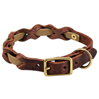 Halsband „Braidy Farbrausch“ in Tan, geflochten mit dunkelbraunem Fettleder, Schnalle und D-Ring aus Messing