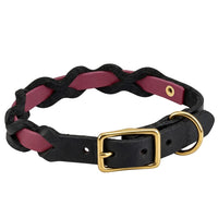 Halsband „Braidy Farbrausch“ in Bordeaux, geflochten mit schwarzem Fettleder, Schnalle und D-Ring aus Messing