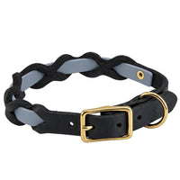 Halsband „Braidy Farbrausch“ in Grau, geflochten mit schwarzem Fettleder, Schnalle und D-Ring aus Messing