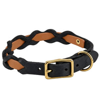 Halsband „Braidy Farbrausch“ in Hellbraun, geflochten mit schwarzem Fettleder, Schnalle und D-Ring aus Messing