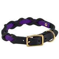 Halsband „Braidy Farbrausch“ in Lila, geflochten mit schwarzem Fettleder, Schnalle und D-Ring aus Messing