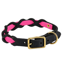 Halsband „Braidy Farbrausch“ in Neon-pink, geflochten mit schwarzem Fettleder, Schnalle und D-Ring aus Messing