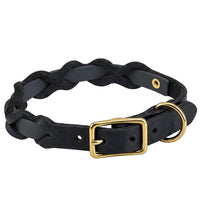 Halsband „Braidy Farbrausch“ in Schwarz, geflochten mit schwarzem Fettleder, Schnalle und D-Ring aus Messing