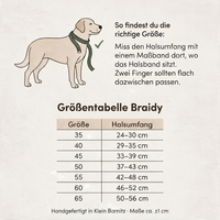 Größentabelle Braidy mit Schnalle: Halsumfang je Größe 35 bis 65 und Messanleitung