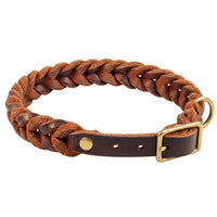 Geflochtenes Fettleder-Halsband Braidy in Braun mit dunkelbraunem Riemen, Dornschnalle und D-Ring in Messing