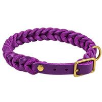 Geflochtenes Fettleder-Halsband Braidy in Lila mit Dornschnalle und D-Ring in Messing