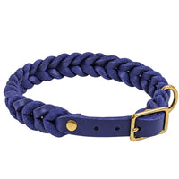 Geflochtenes Fettleder-Halsband Braidy in Marineblau mit Dornschnalle und D-Ring in Messing