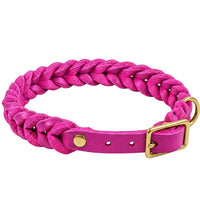 Geflochtenes Fettleder-Halsband Braidy in Pink mit Dornschnalle und D-Ring in Messing