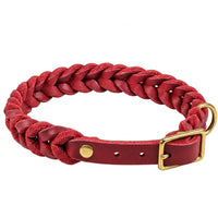 Geflochtenes Fettleder-Halsband Braidy in Rot mit Dornschnalle und D-Ring in Messing
