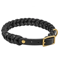 Geflochtenes Fettleder-Halsband Braidy in Schwarz mit Dornschnalle und D-Ring in Messing