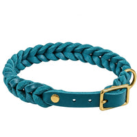 Geflochtenes Fettleder-Halsband Braidy in Türkis mit Dornschnalle und D-Ring in Messing
