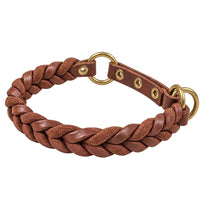 Geflochtenes Fettleder-Halsband Braidy in Dunkelbraun mit Zugstopp-Riemen, Ösen und Ringen in Messing