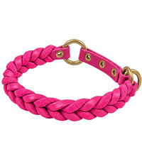Geflochtenes Fettleder-Halsband Braidy in Pink mit Zugstopp-Riemen, Ösen und Ringen in Messing