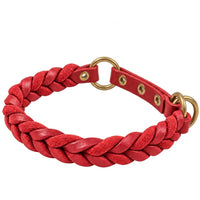 Geflochtenes Fettleder-Halsband Braidy in Rot mit Zugstopp-Riemen, Ösen und Ringen in Messing