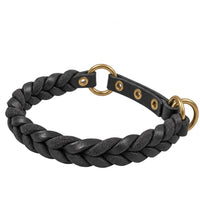 Geflochtenes Fettleder-Halsband Braidy in Schwarz mit Zugstopp-Riemen, Ösen und Ringen in Messing