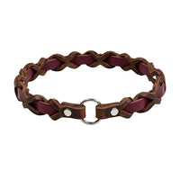 Halsband „Farbrausch light“ in Bordeaux, geflochten mit dunkelbraunem Fettleder, Ring und Nieten in Chrom
