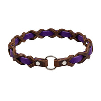 Halsband „Farbrausch light“ in Lila, geflochten mit dunkelbraunem Fettleder, Ring und Nieten in Chrom