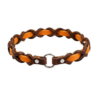 Halsband „Farbrausch light“ in Mandarine, geflochten mit dunkelbraunem Fettleder, Ring und Nieten in Chrom