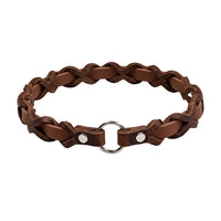 Halsband „Farbrausch light“ in Mittelbraun, geflochten mit dunkelbraunem Fettleder, Ring und Nieten in Chrom