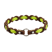 Halsband „Farbrausch light“ in Neon-gelb, geflochten mit dunkelbraunem Fettleder, Ring und Nieten in Chrom