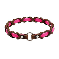 Halsband „Farbrausch light“ in Neon-pink, geflochten mit dunkelbraunem Fettleder, Ring und Nieten in Chrom