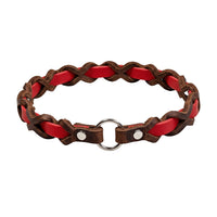 Halsband „Farbrausch light“ in Rot, geflochten mit dunkelbraunem Fettleder, Ring und Nieten in Chrom