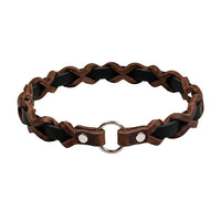 Halsband „Farbrausch light“ in Schwarz, geflochten mit dunkelbraunem Fettleder, Ring und Nieten in Chrom