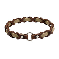 Halsband „Farbrausch light“ in Tan, geflochten mit dunkelbraunem Fettleder, Ring und Nieten in Chrom