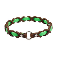 Halsband „Farbrausch light“ in Neon-grün, geflochten mit dunkelbraunem Fettleder (Beispielfoto mit Chrom-Beschlag)
