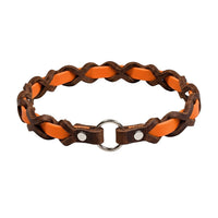 Halsband „Farbrausch light“ in Neon-orange, geflochten mit dunkelbraunem Fettleder (Beispielfoto mit Chrom-Beschlag)