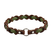 Halsband „Farbrausch light“ in Oliv, geflochten mit dunkelbraunem Fettleder (Beispielfoto mit Chrom-Beschlag)