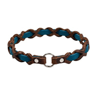 Halsband „Farbrausch light“ in Petrol, geflochten mit dunkelbraunem Fettleder (Beispielfoto mit Chrom-Beschlag)