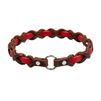Halsband „Farbrausch light“ in Rot, geflochten mit dunkelbraunem Fettleder (Beispielfoto mit Chrom-Beschlag)