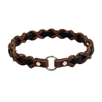 Halsband „Farbrausch light“ in Schwarz, geflochten mit dunkelbraunem Fettleder (Beispielfoto mit Chrom-Beschlag)