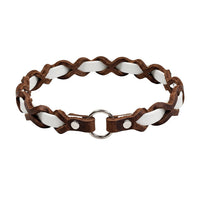 Halsband „Farbrausch light“ in Weiß, geflochten mit dunkelbraunem Fettleder (Beispielfoto mit Chrom-Beschlag)